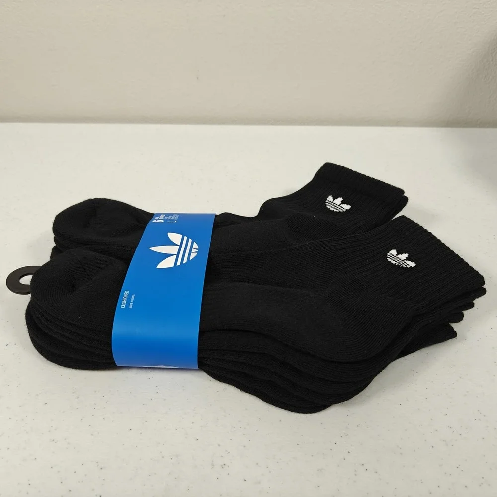 Adidas Originals Trefoil Cushioned High Quarter Socks 6 Pair Black Men's L 6-12